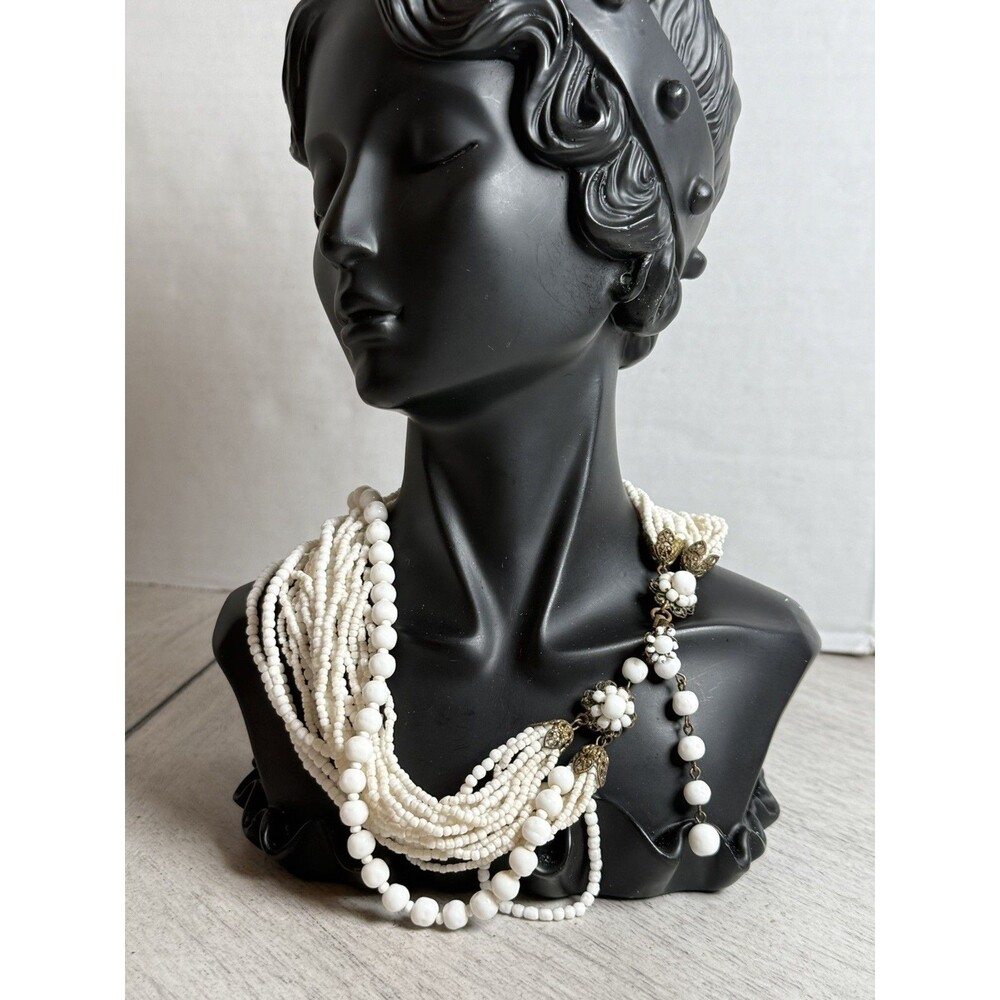 Vintage Miriam Haskell Multi Strand White Milk Glass Seed Bead Collar Necklace